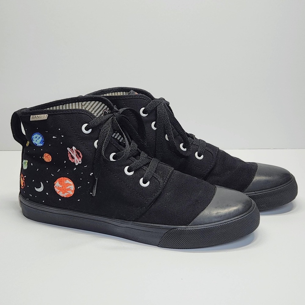 BANGS High Top Shoes Mens 7 Womens 8.5 Black Canvas Planet Embroidered UEC